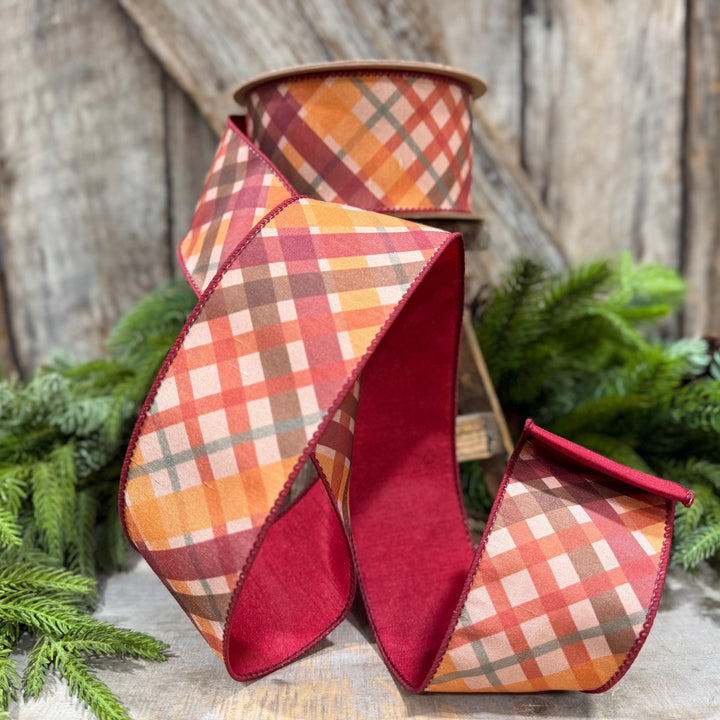 2.5 Inch Red Orange Plaid Wired Ribbon, Dupioni, 10 Yard Roll