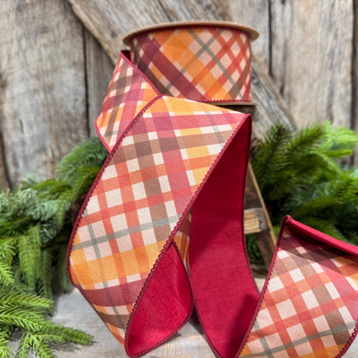 2.5 Inch Red Orange Plaid Wired Ribbon, Dupioni, 10 Yard Roll