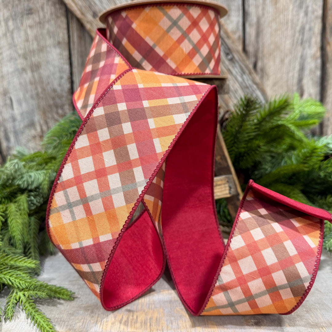 2.5 Inch Red Orange Plaid Wired Ribbon, Dupioni