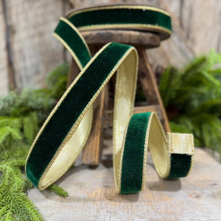 1" Emerald and Gold Velvet Ribbon, Flashy Green Velvet Ribbon, Farrisilk Velvet Ribbon