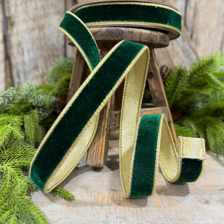 1" Emerald and Gold Velvet Ribbon, Flashy Green Velvet Ribbon, Farrisilk Velvet Ribbon