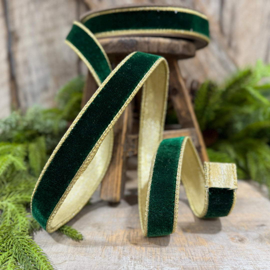 1" Emerald and Gold Velvet Ribbon, Flashy Green Velvet Ribbon, Farrisilk Velvet Ribbon