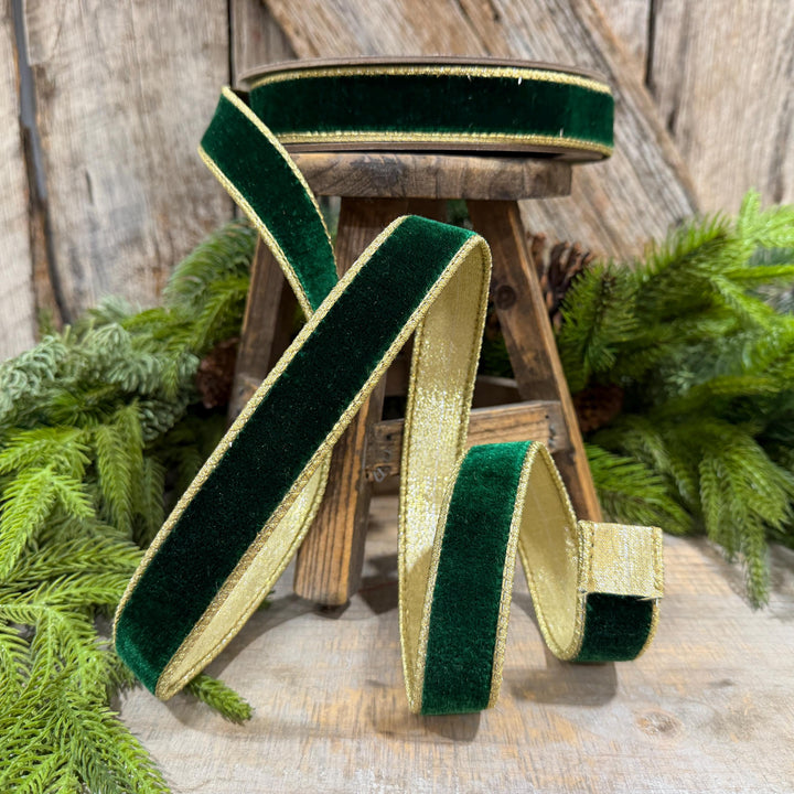1" Emerald and Gold Velvet Ribbon, Flashy Green Velvet Ribbon, Farrisilk Velvet Ribbon