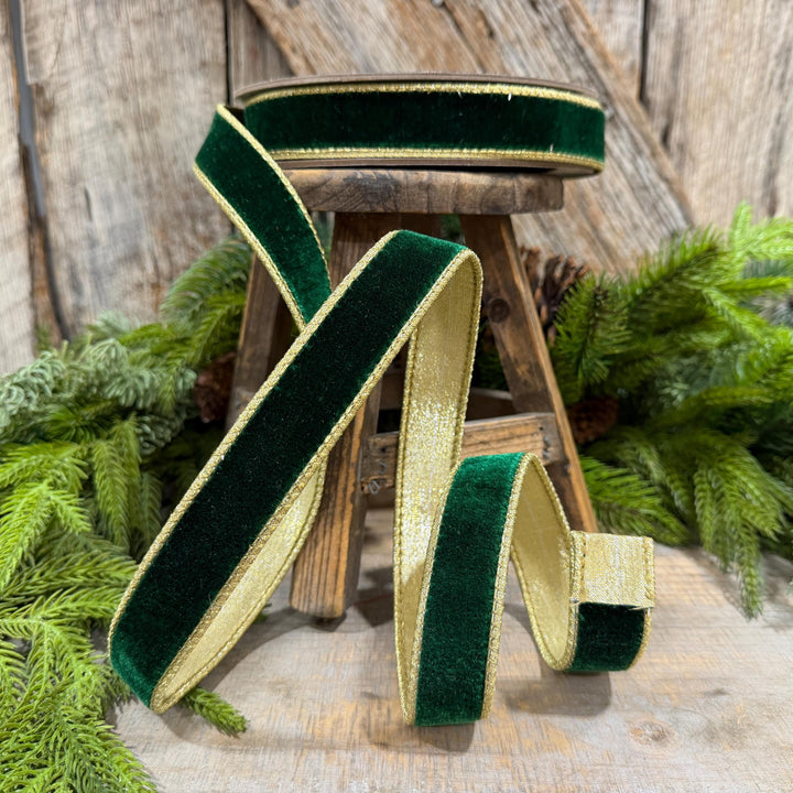 1" Emerald and Gold Velvet Ribbon, Flashy Green Velvet Ribbon, Farrisilk Velvet Ribbon