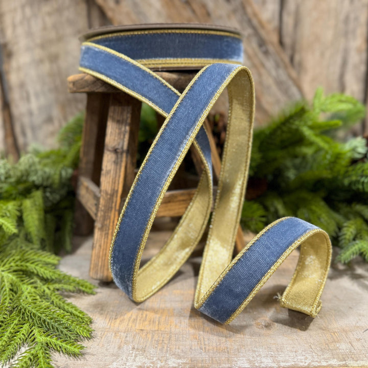 1" Steel Blue Flashy Velvet Ribbon, Farrisilk Ribbon, Dusty Blue Velvet Ribbon