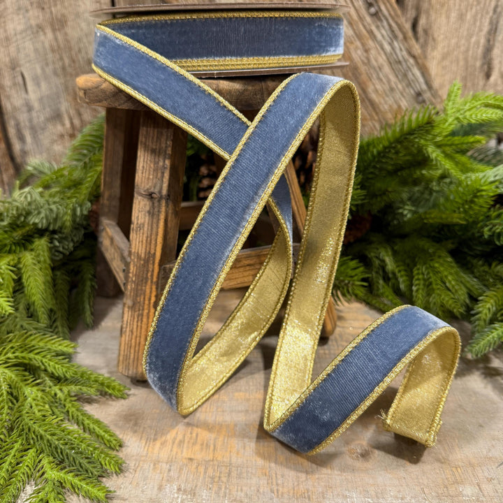 1" Steel Blue Flashy Velvet Ribbon, Farrisilk Ribbon, Dusty Blue Velvet Ribbon