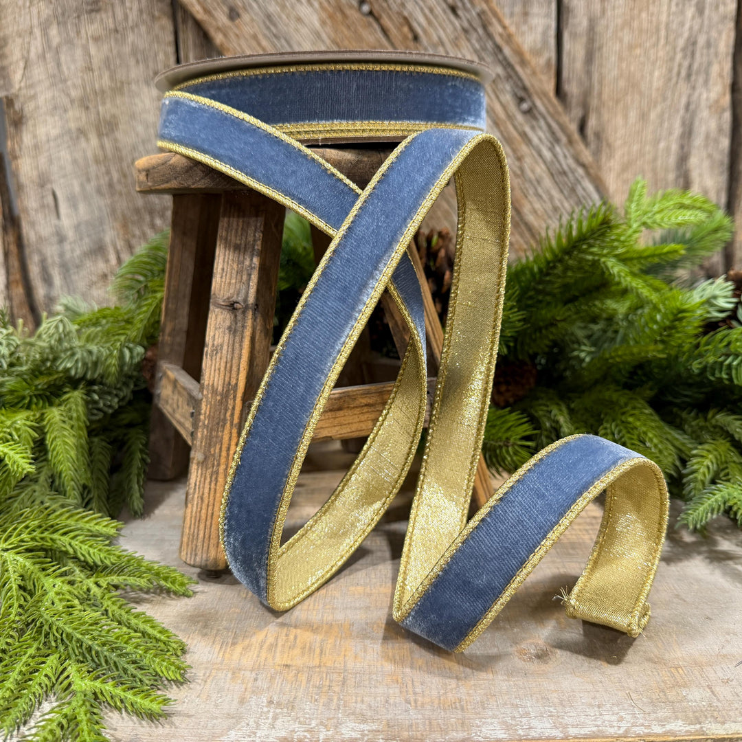 1" Steel Blue Flashy Velvet Ribbon, Farrisilk Ribbon, Dusty Blue Velvet Ribbon