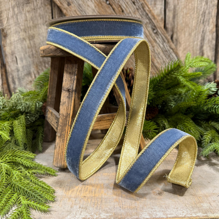 1" Steel Blue Flashy Velvet Ribbon, Farrisilk Ribbon, Dusty Blue Velvet Ribbon
