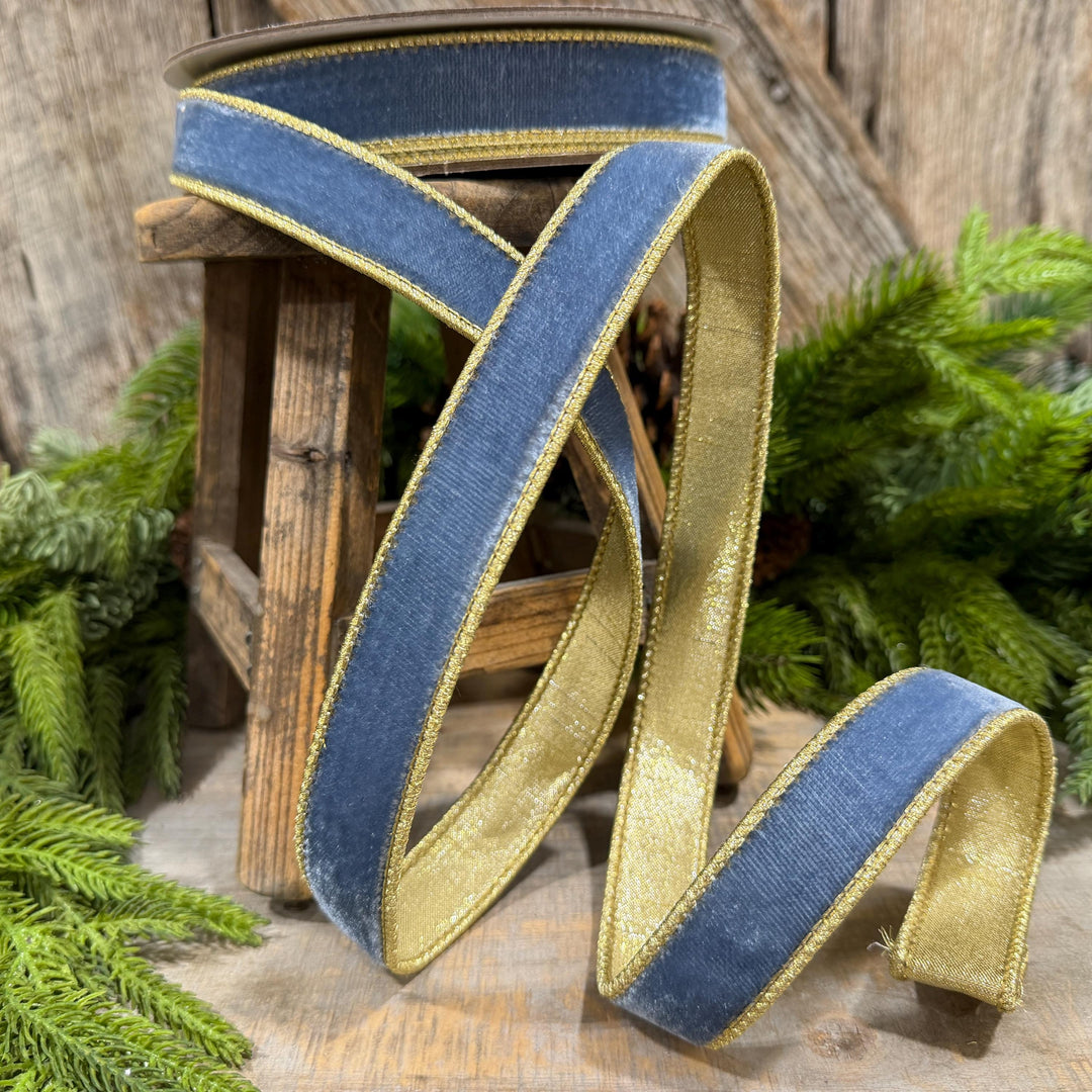 1" Steel Blue Flashy Velvet Ribbon, Farrisilk Ribbon, Dusty Blue Velvet Ribbon
