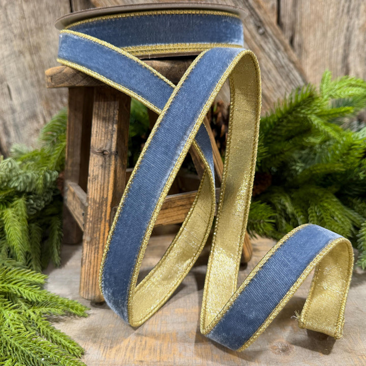1" Steel Blue Flashy Velvet Ribbon, Farrisilk Ribbon, Dusty Blue Velvet Ribbon