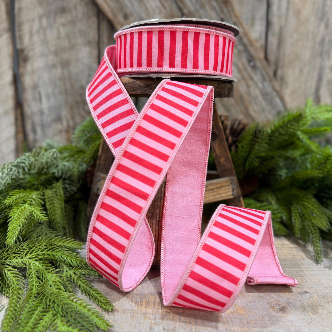 1.5" Red &amp; Pink Stripe Ribbon, Christmas Ribbon, Pink Christmas