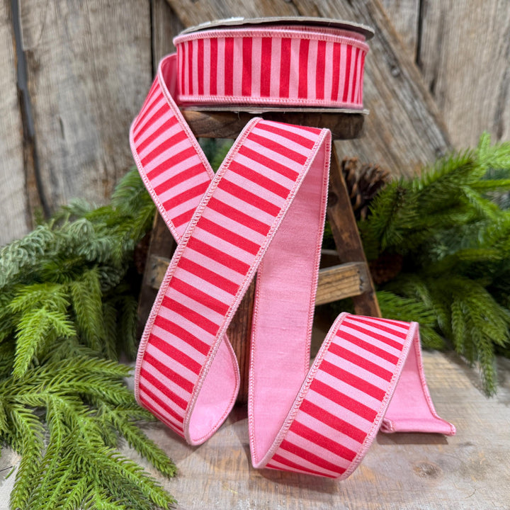 1.5" Red &amp; Pink Stripe Ribbon, Christmas Ribbon, Pink Christmas