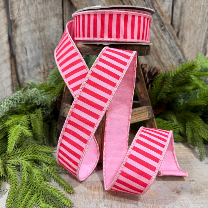 1.5" Red &amp; Pink Stripe Ribbon, Christmas Ribbon, Pink Christmas