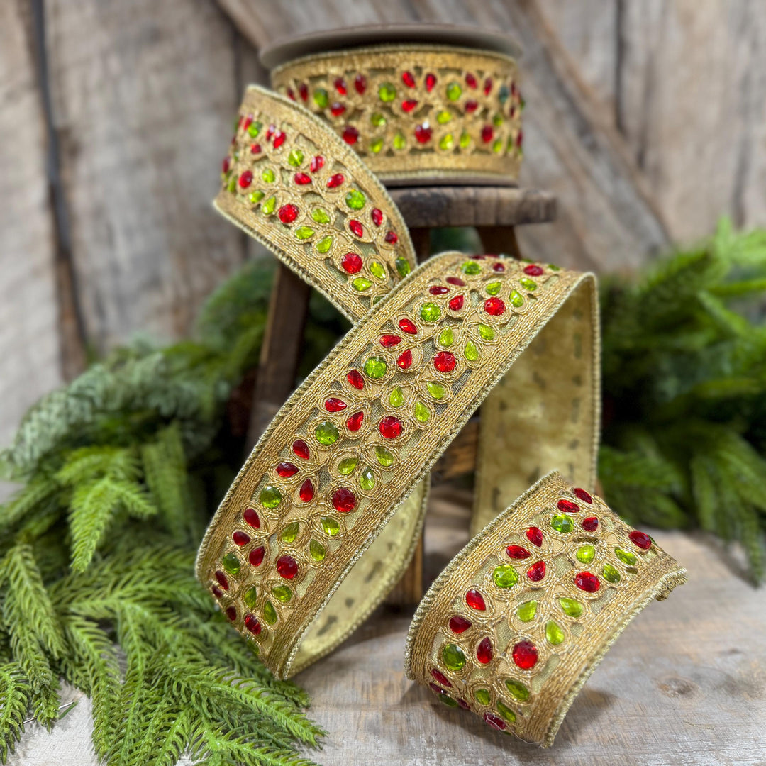 1.5" Red Green Gold Jeweled Ribbon, Farrisilk Ribbon, Jeweled Ribbon, Christmas Ribbon, Jeweled Ribbon, Christmas Ribbon, RG718-48