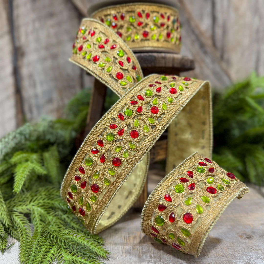 1.5" Red Green Gold Jeweled Ribbon, Farrisilk Ribbon, Jeweled Ribbon, Christmas Ribbon, Jeweled Ribbon, Christmas Ribbon, RG718-48