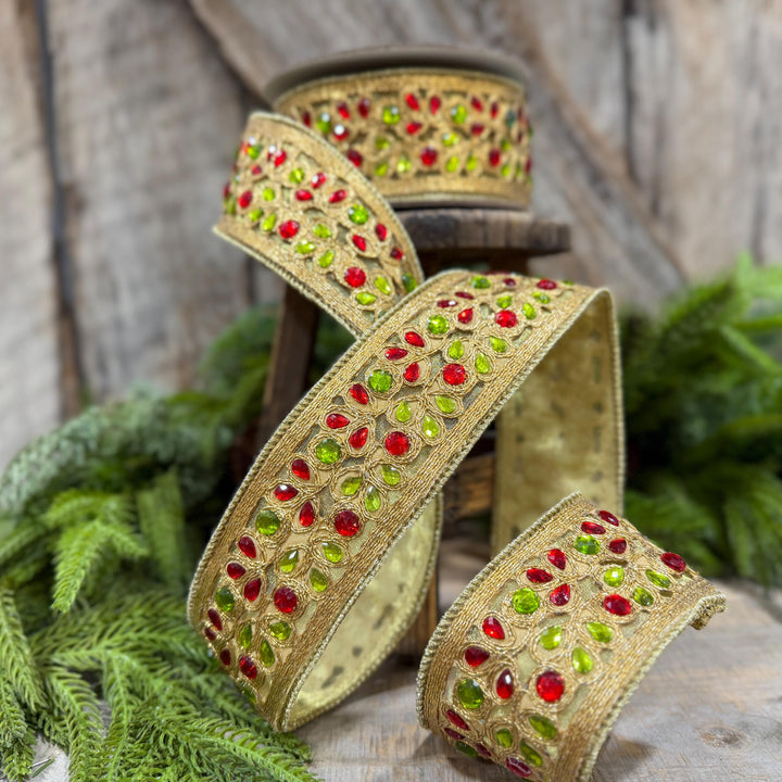 1.5" Red Green Gold Jeweled Ribbon, Farrisilk Ribbon, Jeweled Ribbon, Christmas Ribbon, Jeweled Ribbon, Christmas Ribbon, RG718-48