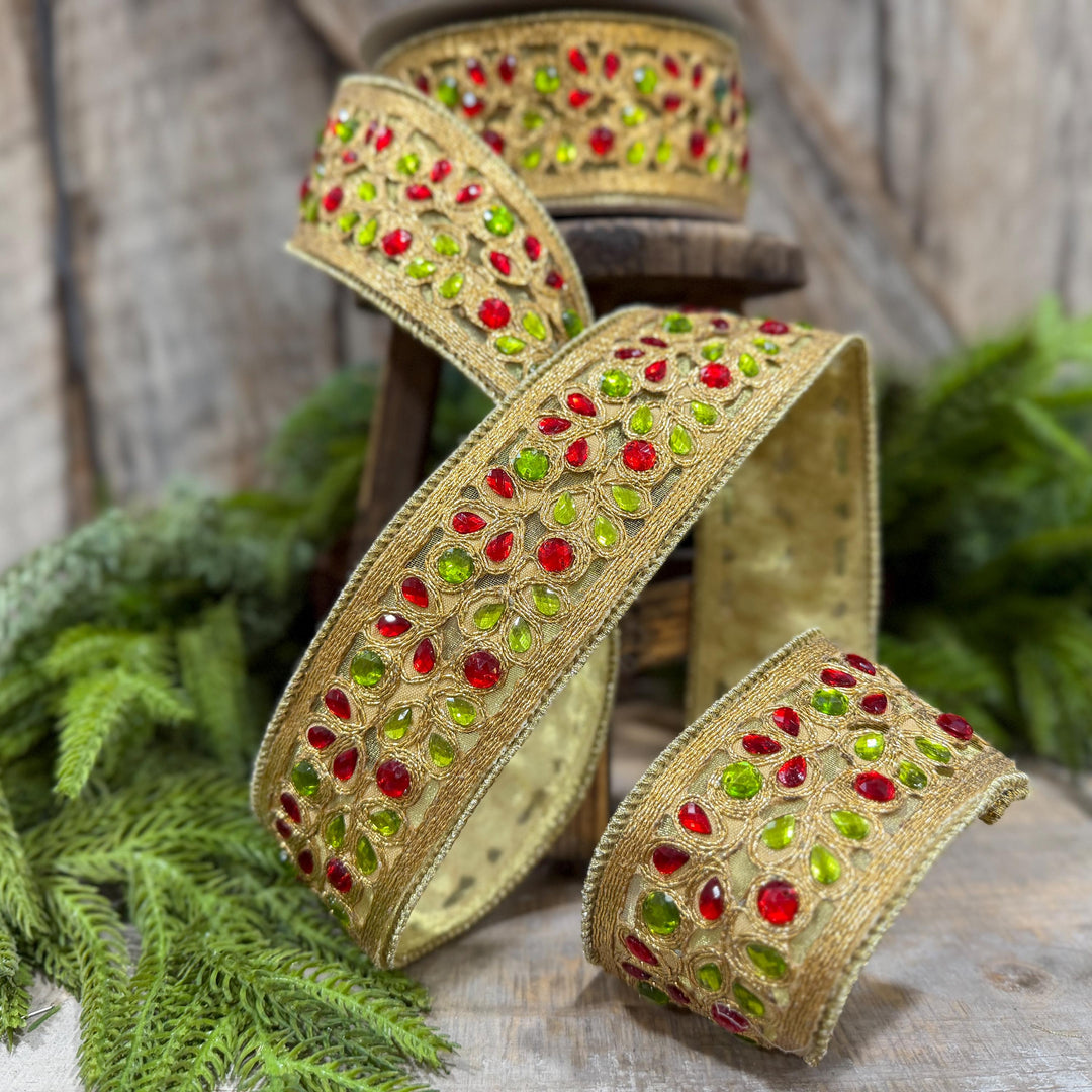 1.5" Red Green Gold Jeweled Ribbon, Farrisilk Ribbon, Jeweled Ribbon, Christmas Ribbon, Jeweled Ribbon, Christmas Ribbon, RG718-48