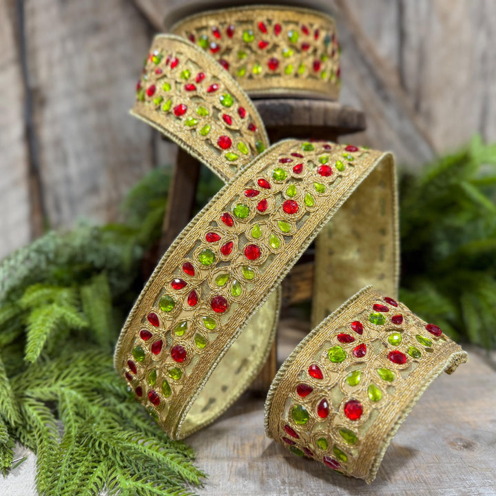 1.5" Red Green Gold Jeweled Ribbon, Farrisilk Ribbon, Jeweled Ribbon, Christmas Ribbon, Jeweled Ribbon, Christmas Ribbon, RG718-48