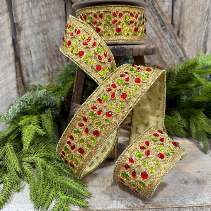1.5" Red Green Gold Jeweled Ribbon, Farrisilk Ribbon, Jeweled Ribbon, Christmas Ribbon, Jeweled Ribbon, Christmas Ribbon, RG718-48