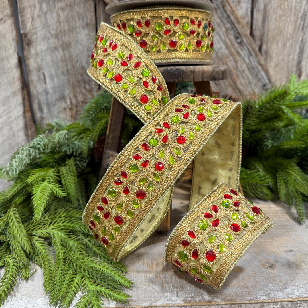1.5" Red Green Gold Jeweled Ribbon, Farrisilk Ribbon