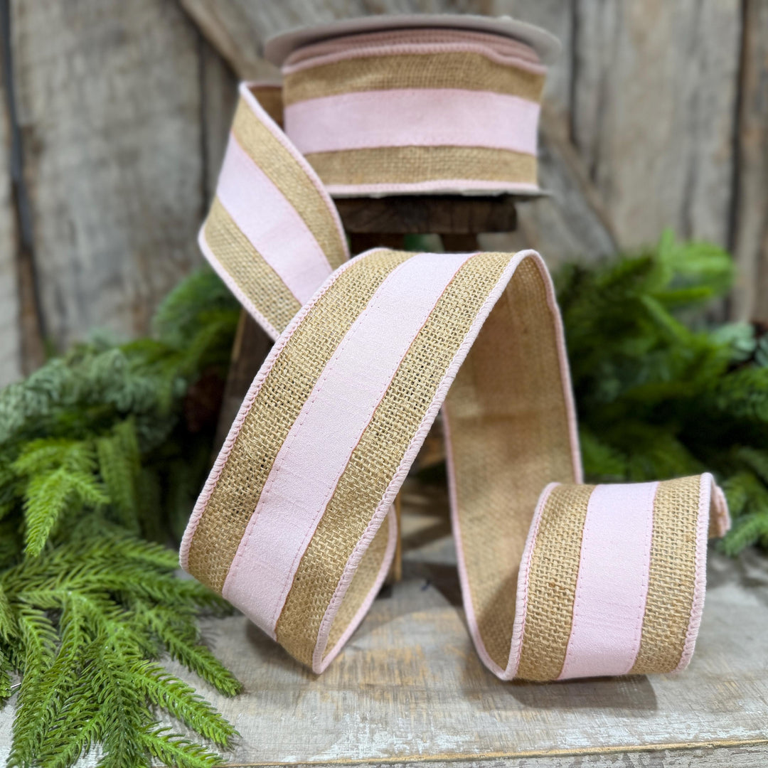 2.5" Light Pink Burlap Border Ribbon, Farrisilk Ribbon