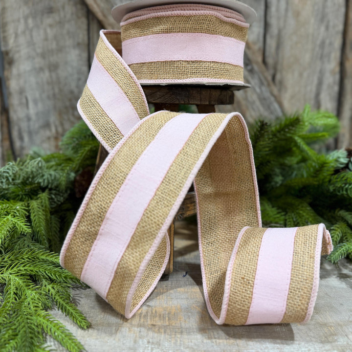 2.5" Light Pink Burlap Border Ribbon, Farrisilk Ribbon