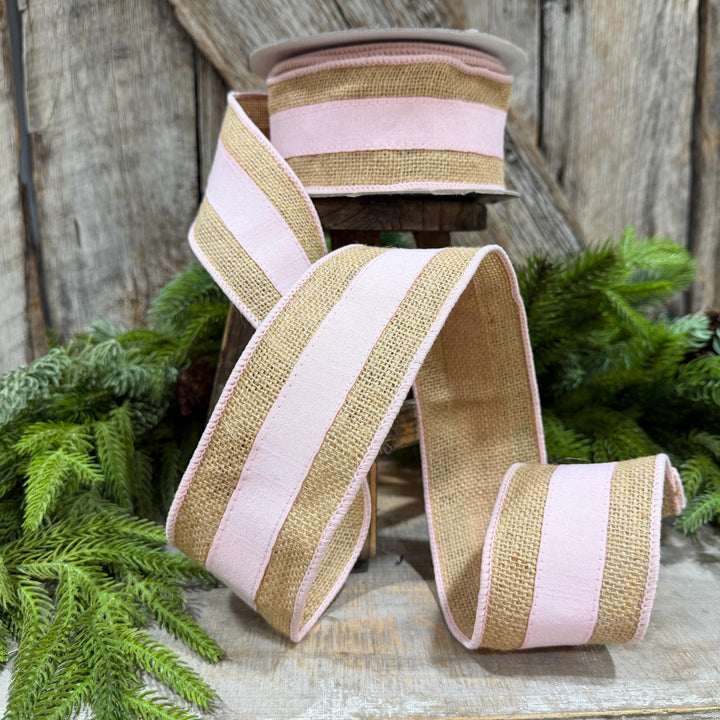 2.5" Light Pink Burlap Border Ribbon, Farrisilk Ribbon