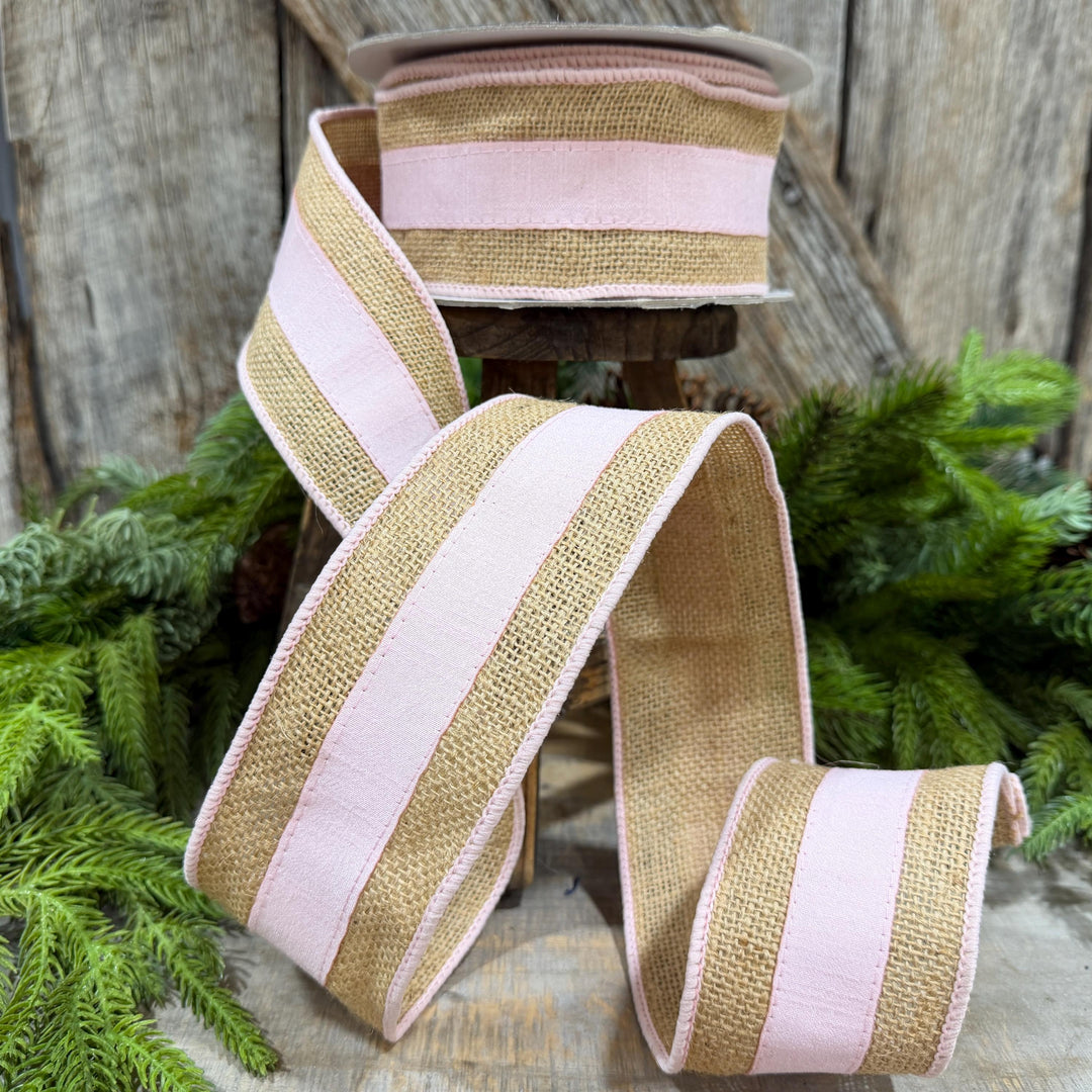 2.5" Light Pink Burlap Border Ribbon, Farrisilk Ribbon