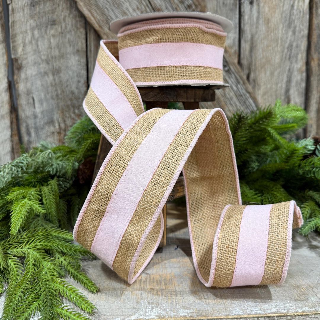 2.5" Light Pink Burlap Border Ribbon, Farrisilk Ribbon