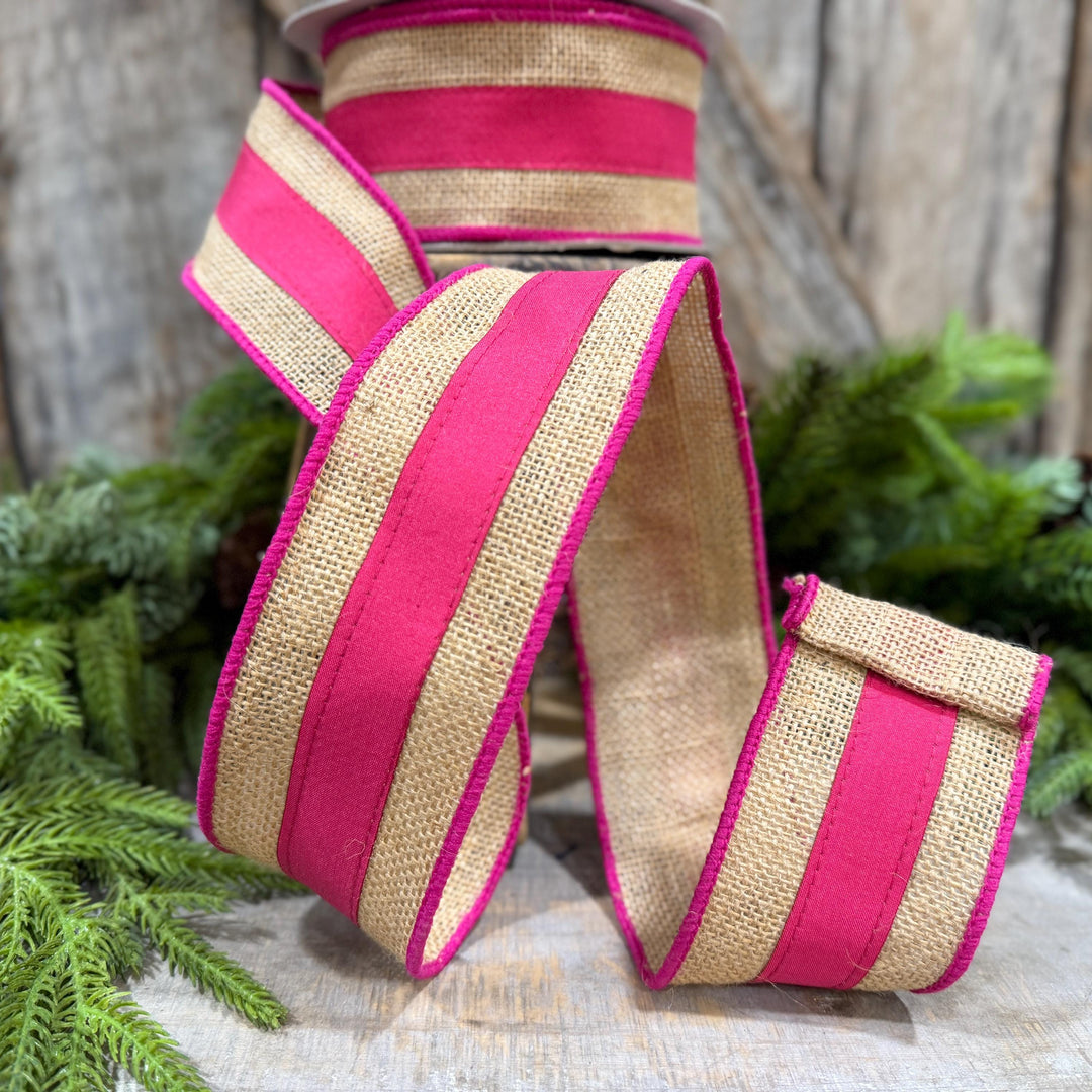2.5" Hot Pink Burlap Border Ribbon, Farrisilk Ribbon