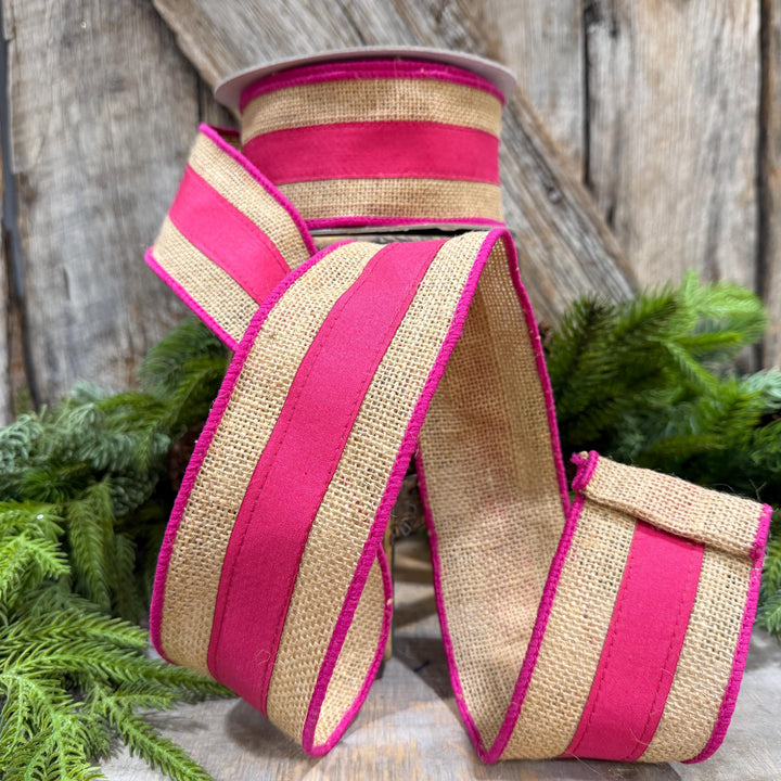2.5" Hot Pink Burlap Border Ribbon, Farrisilk Ribbon