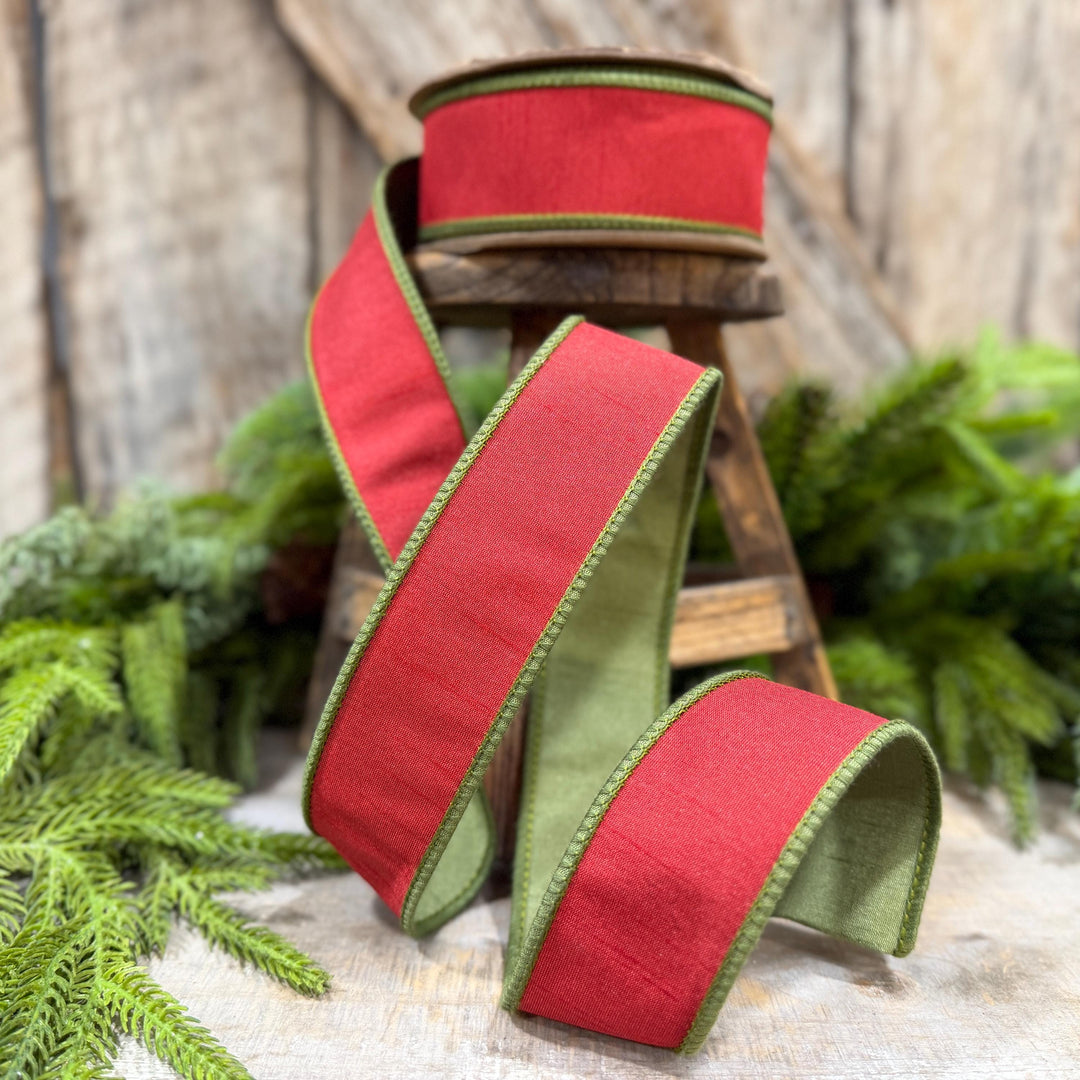 1.5" Red Moss Green Dupion Ribbon, Christmas Ribbon, Double Sided Ribbon, Christmas Tree Ribbon