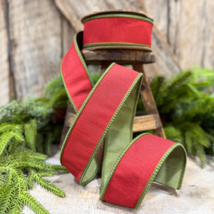 1.5" Red Moss Green Dupion Ribbon, Christmas Ribbon, Double Sided Ribbon, Christmas Tree Ribbon