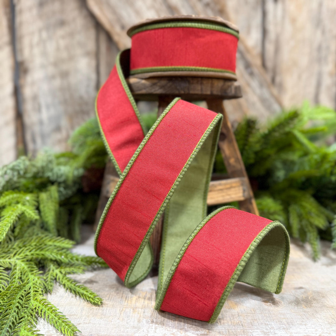1.5" Red Moss Green Dupion Ribbon, Christmas Ribbon, Double Sided Ribbon, Christmas Tree Ribbon