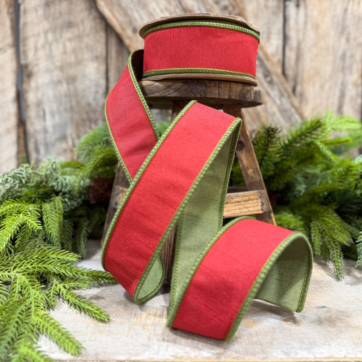 1.5" Red Moss Green Dupion Ribbon, Christmas Ribbon