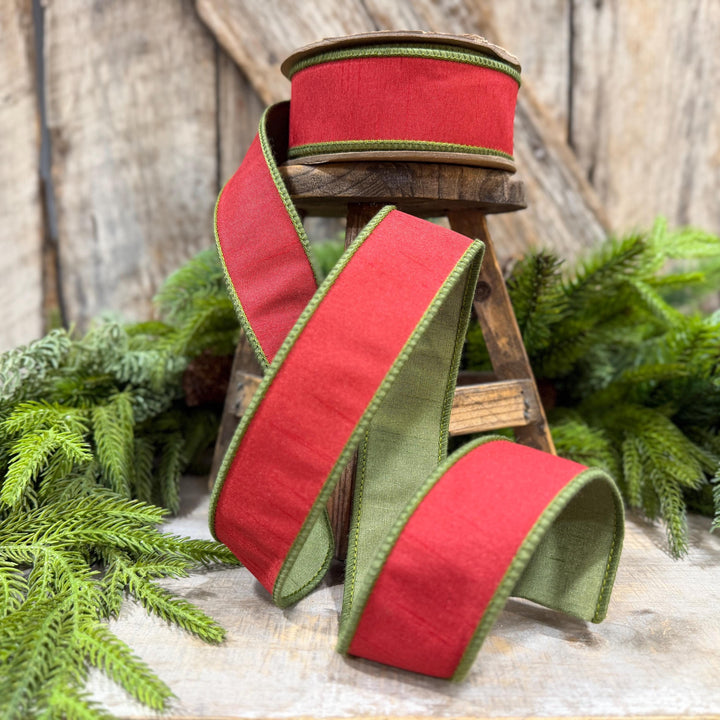 1.5" Red Moss Green Dupion Ribbon, Christmas Ribbon, Double Sided Ribbon, Christmas Tree Ribbon