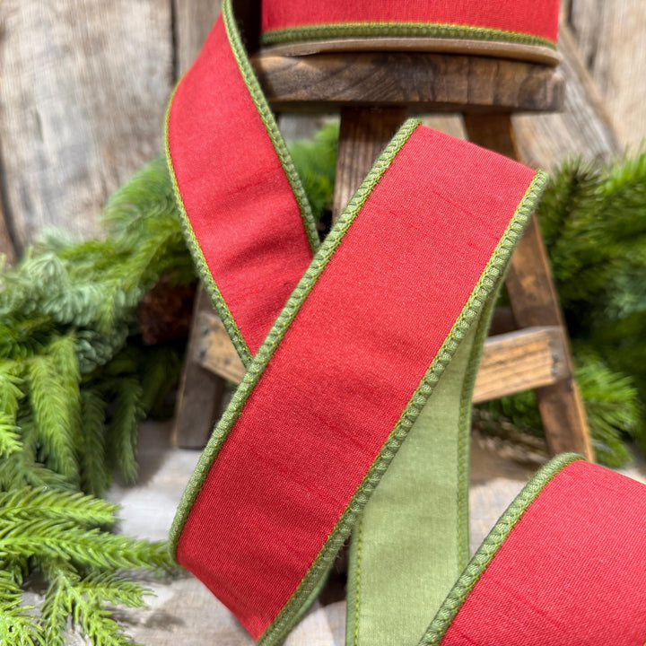 1.5" Red Moss Green Dupion Ribbon, Christmas Ribbon, Double Sided Ribbon, Christmas Tree Ribbon
