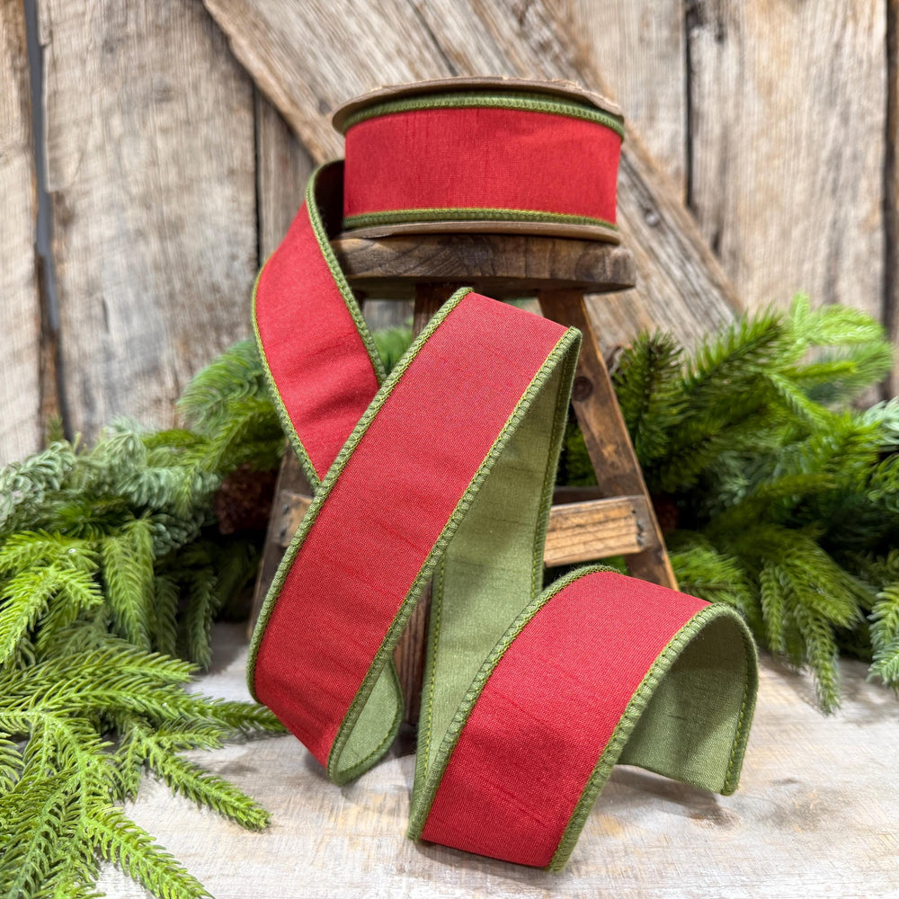 1.5" Red Moss Green Dupion Ribbon, Christmas Ribbon, Double Sided Ribbon, Christmas Tree Ribbon