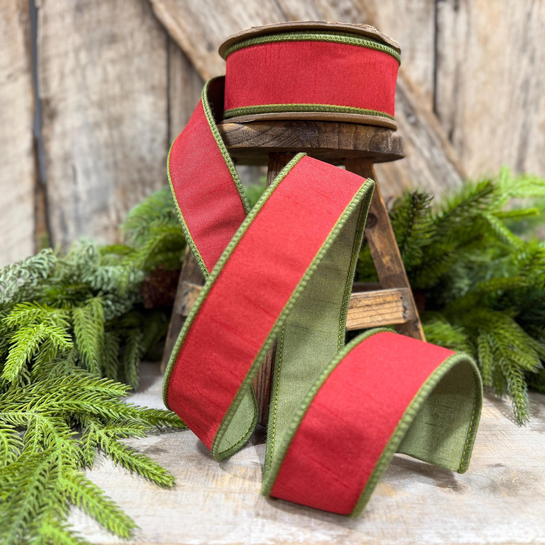 1.5" Red Moss Green Dupion Ribbon, Christmas Ribbon, Double Sided Ribbon, Christmas Tree Ribbon