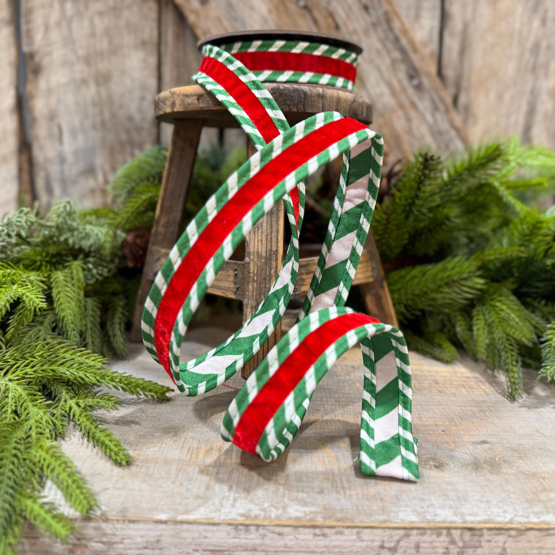 1" Red Green Ticking Stripe Velvet Wired Ribbon, 5 Yard Roll