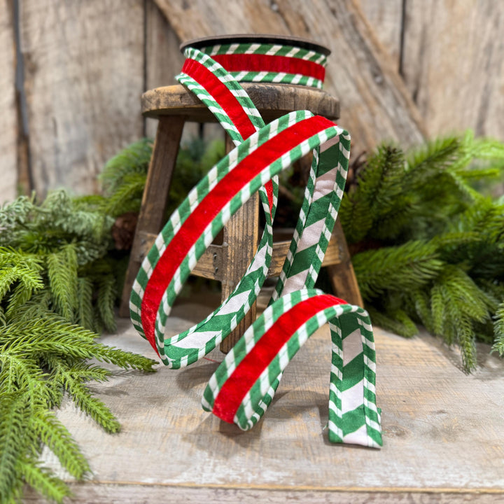 1" Red Green Ticking Stripe Velvet Wired Ribbon, 5 Yard Roll