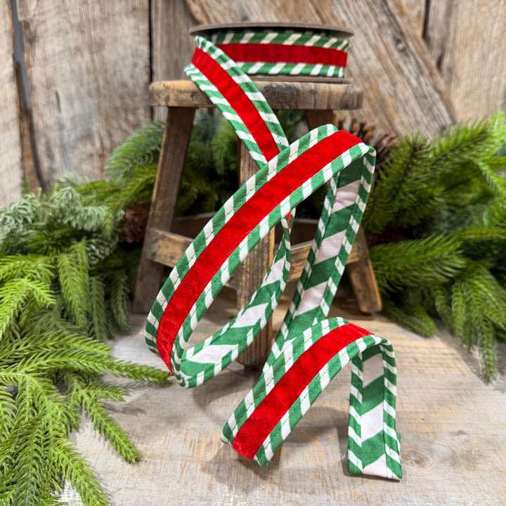 1" Red Green Ticking Stripe Velvet Wired Ribbon, 5 Yard Roll