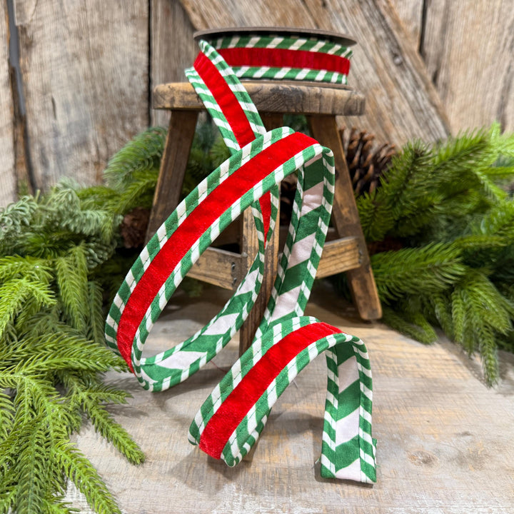 1" Red Green Ticking Stripe Velvet Wired Ribbon, 5 Yard Roll