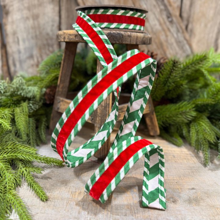 1" Red Green Ticking Stripe Velvet Wired Ribbon, 5 Yard Roll