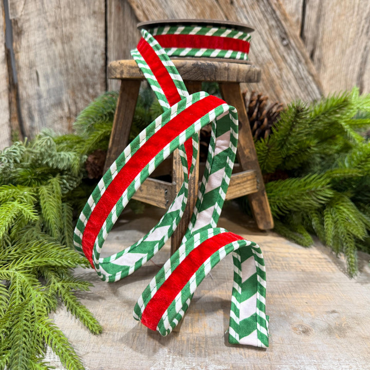 1" Red Green Ticking Stripe Velvet Wired Ribbon, 5 Yard Roll