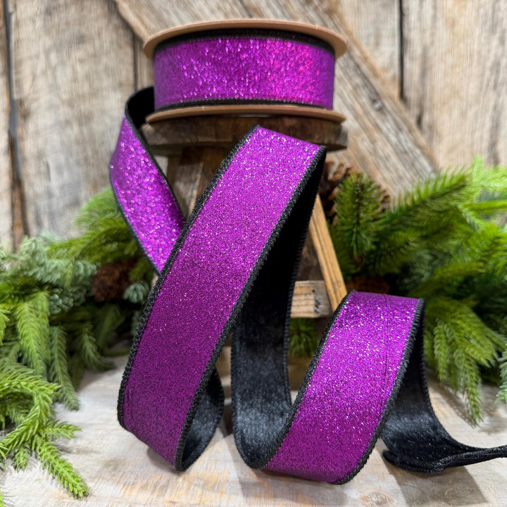 1.5" Purple Glitz Ribbon, Halloween Ribbon, Purple and Black Glitter Ribbon