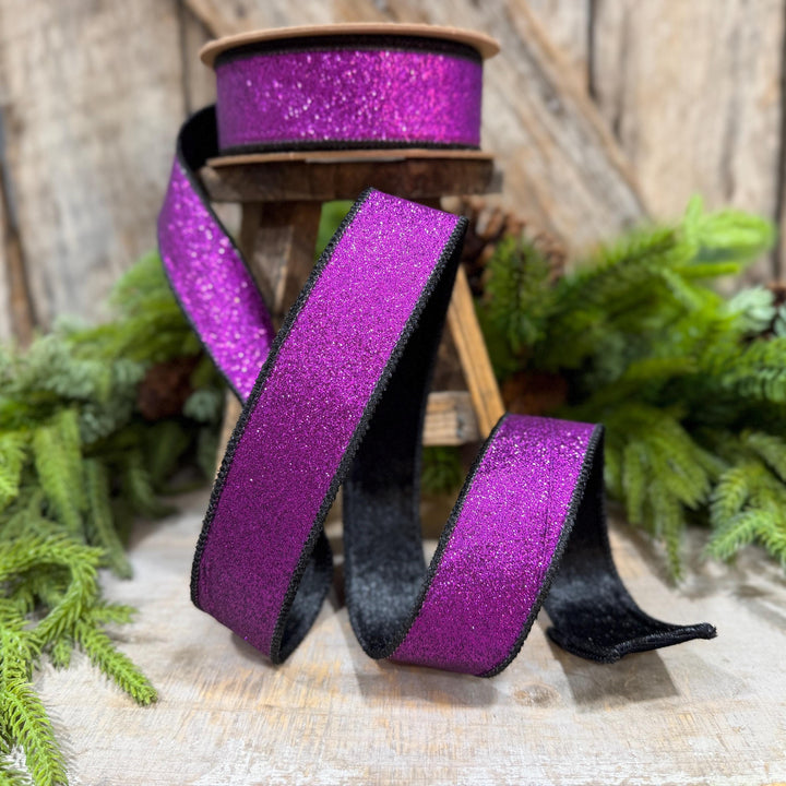1.5" Purple Glitz Ribbon, Halloween Ribbon, Purple and Black Glitter Ribbon