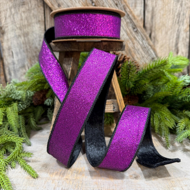 1.5" Purple Glitz Ribbon, Halloween Ribbon, Purple and Black Glitter Ribbon