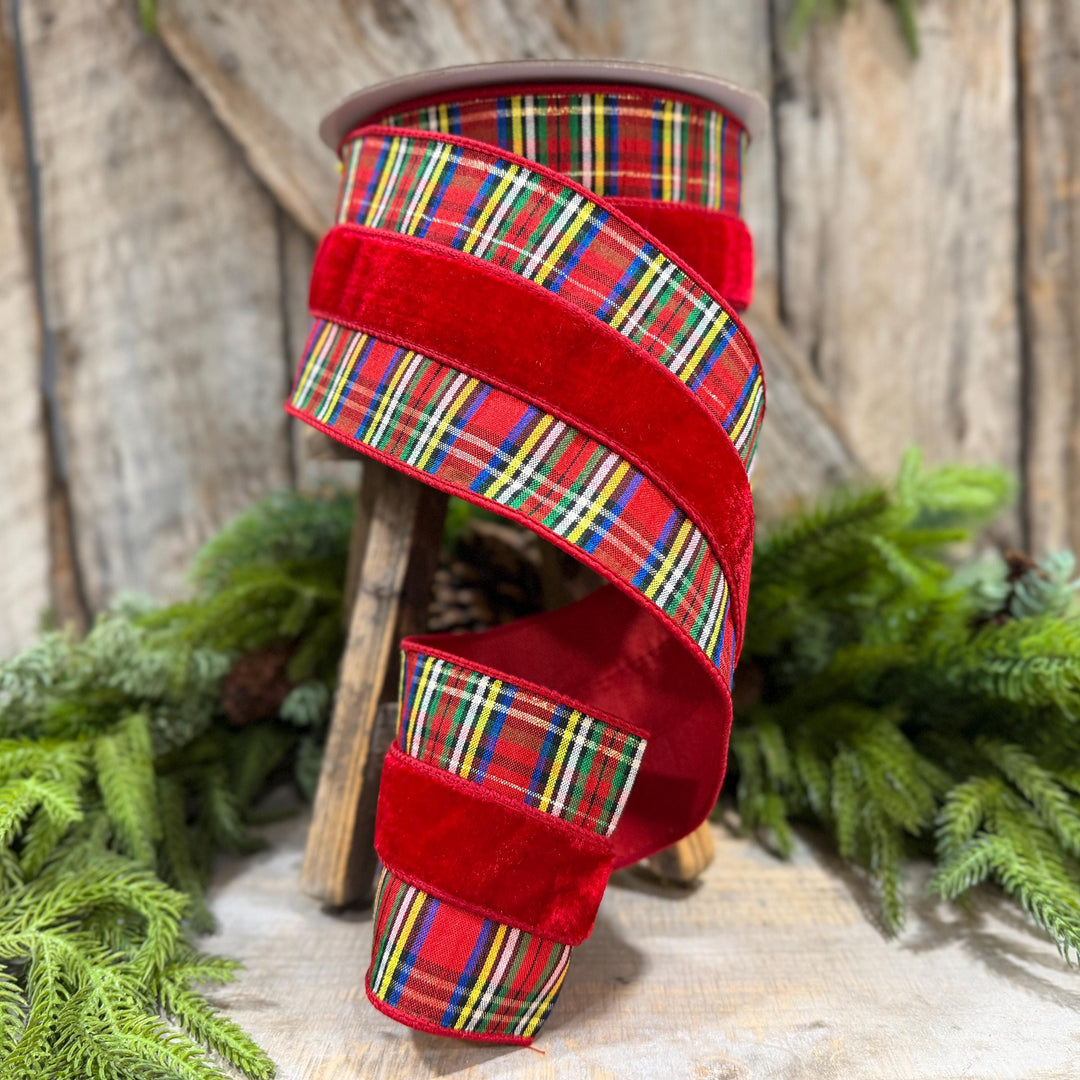 4" Red Velvet Traditional Plaid Ribbon, Farrisilk Christmas