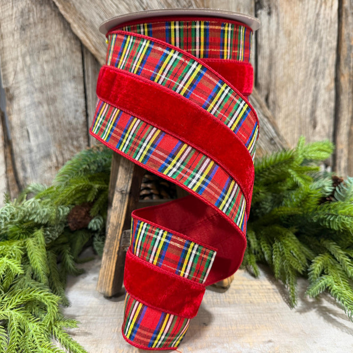 4" Red Velvet Traditional Plaid Ribbon, Farrisilk Christmas